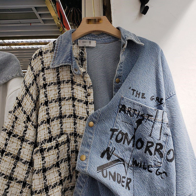 Denim Irregular Plaid Graffiti Print Patchwork Contrast Loose Women's Turn-Down Collar Jean Shirt