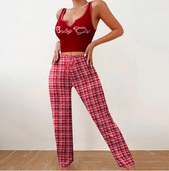 "Baby Girl" Print V-Neck Women's Tank Top + Plaid Drawstring Pants 2-Piece Set