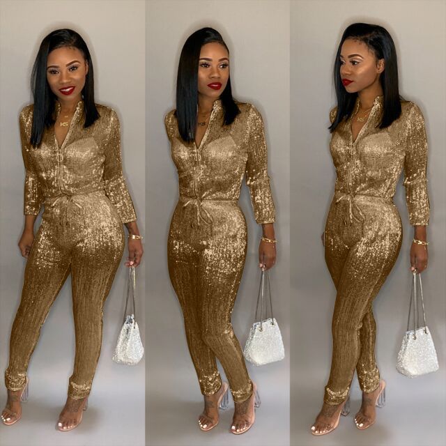 Sparkling Metallic Glitter Women's Long Sleeve Drawstring Solid Color Zipper Jumpsuit to 3X Plus Size