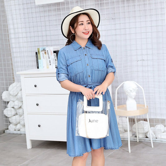 Denim Baby Blue Double Pocket Design Long Sleeve Sash Belted Midi Jean Dress to 4X Plus Size