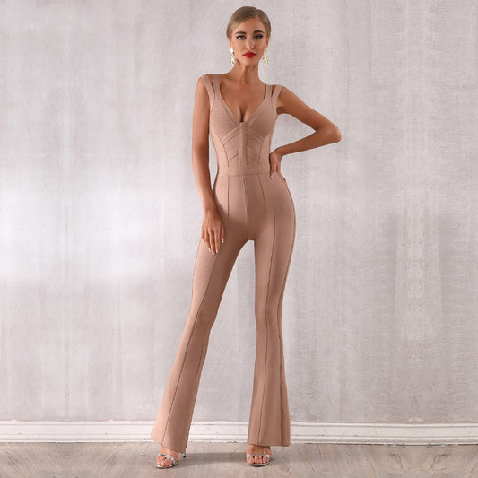 Sleeveless Light Brown V-Neck Women's Skinny Party Jumpsuit
