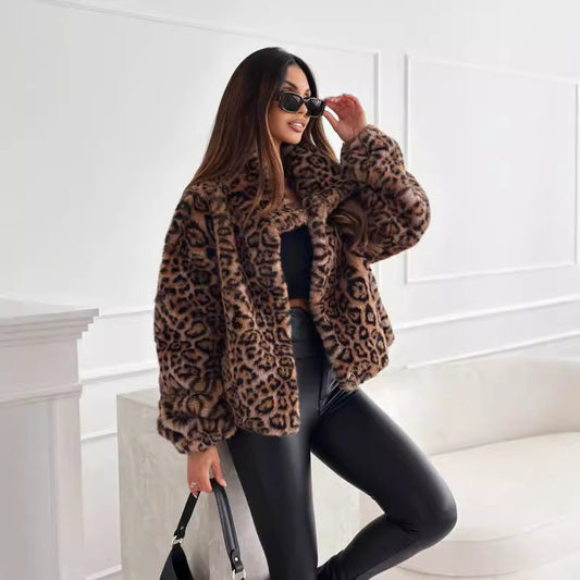 Leopard Fleece Turn-Down Collar Women's Jacket