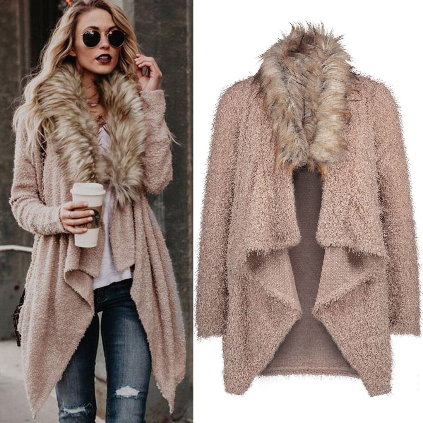 Cashmere Women's Faux Fur Collar Long Sleeve Cardigan Maxi Sweater