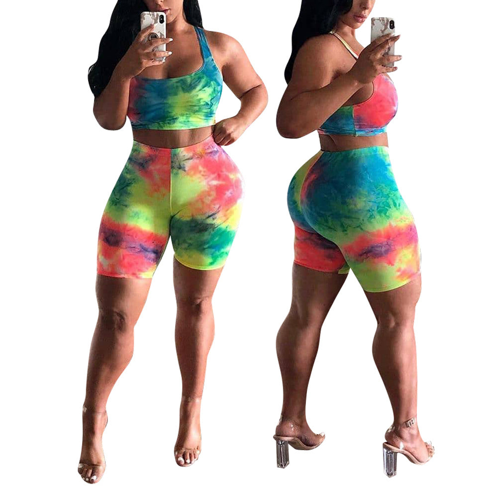 Pastel Tie-Dye Sleeveless Crop Tank Top + Biker Shorts 2-Piece Set