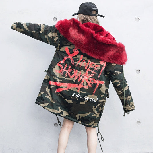 Men's Unisex Camoflauge Graffiti Print Velvet Lined Hip-Hop Hoodie Coat