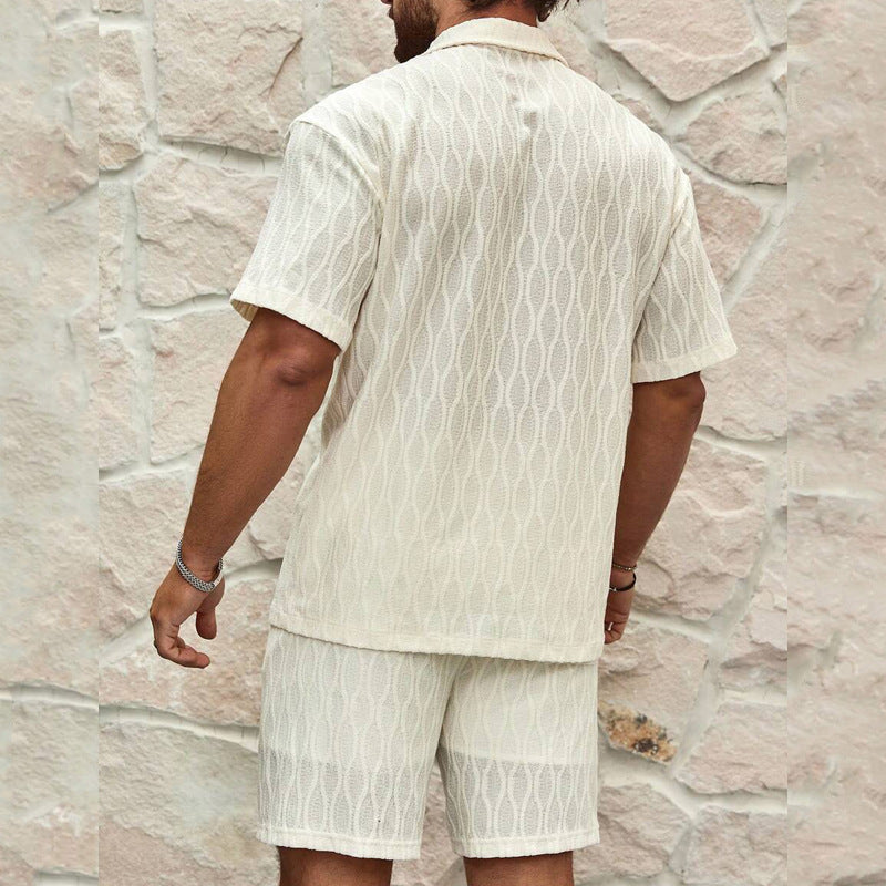 Men's Turn-Down Collar Short Sleeve Solid Color Shirt + Matching Shorts Two-Piece Set