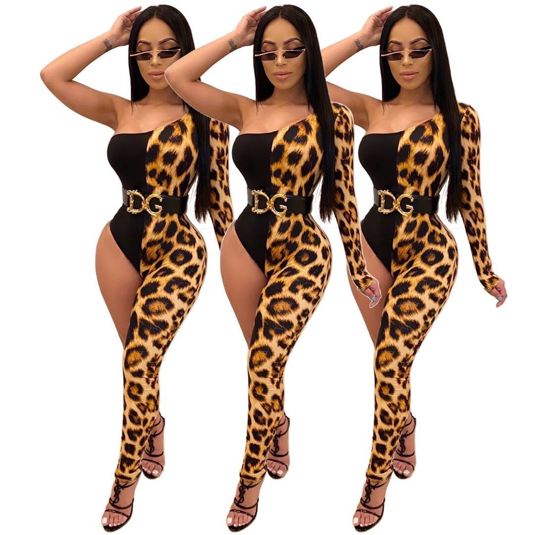 Leopard Colorblock Print Sleeveless One Sleeve Asymmetrical One Leg Jumpsuit