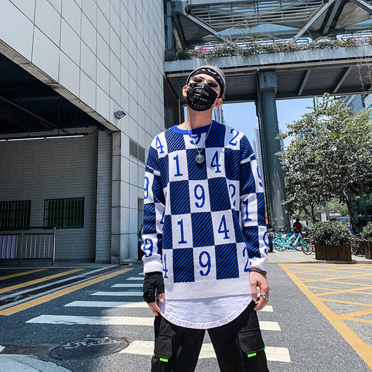 Men's Colorblock Checker Number Print Hip-Hop O-Neck Long Sleeve Sweater