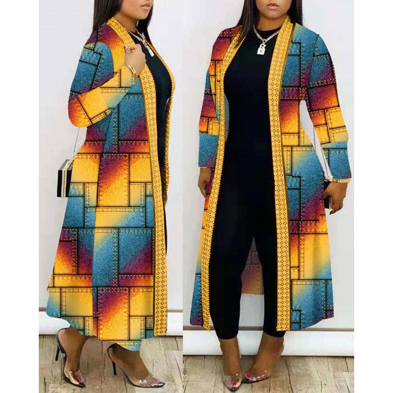 Houndstooth/Geometric/Colorblock Print Women's Open Maxi Cardigan Sweater to 5X Plus Size