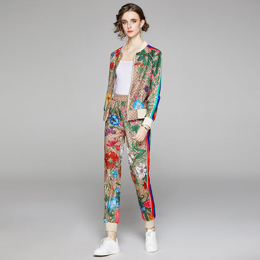 Designer Floral Monogram Side Striped Print O-Neck Zipper Bomber Jackets + Sweatpants Women's Tracksuit