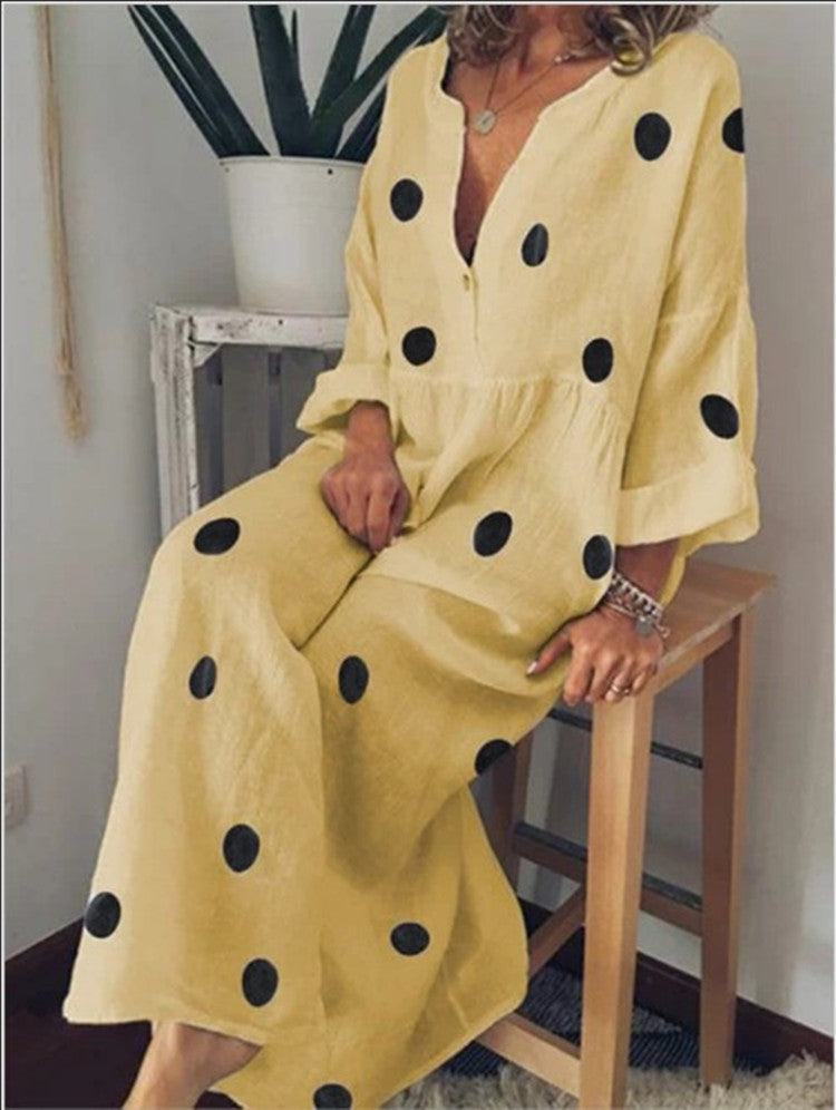 Polka Dot Print Women's Deep V-Neck Long Sleeve Jumpsuit to 5X Plus Size