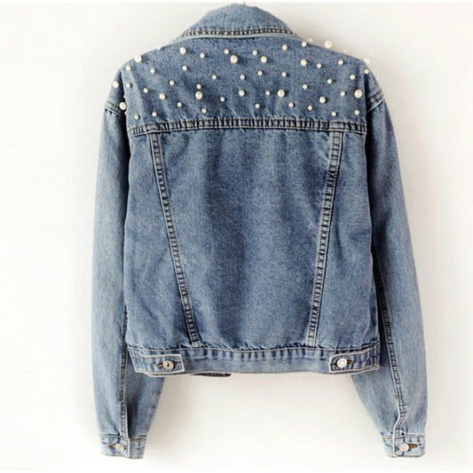 Denim Beaded Pearl Embellished Women's Button-Up Jean Jacket to 5X Plus Size
