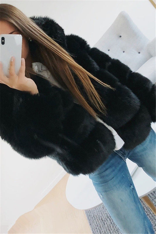 Hooded Faux Fur Plush Women's Solid Color Jacket to 3X Plus Size