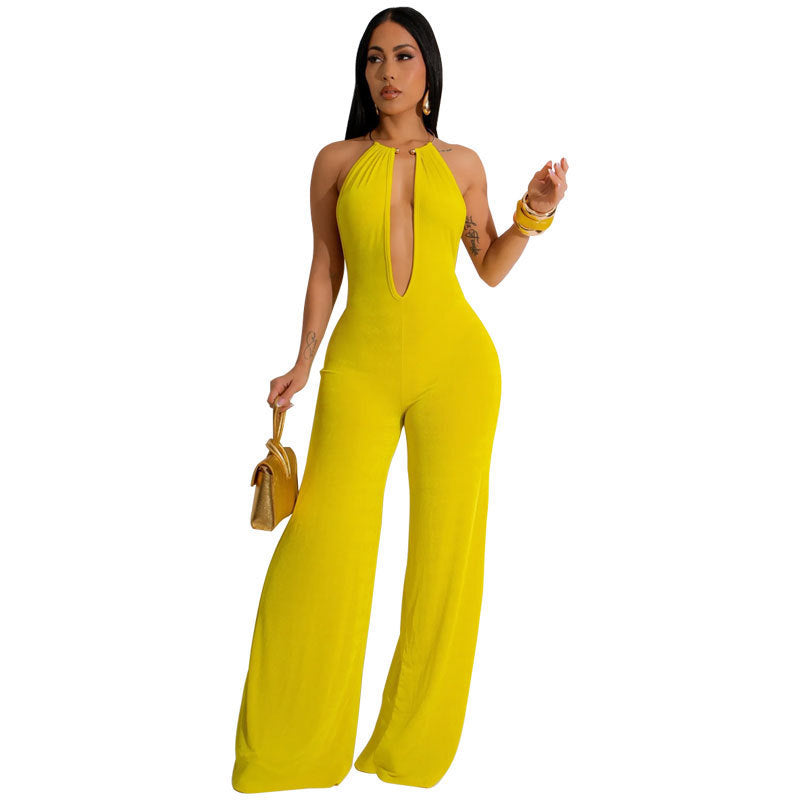 Sleeveless Pastel Solid Color Backless Women's Sexy Deep V-Neck Wide Leg Jumpsuit