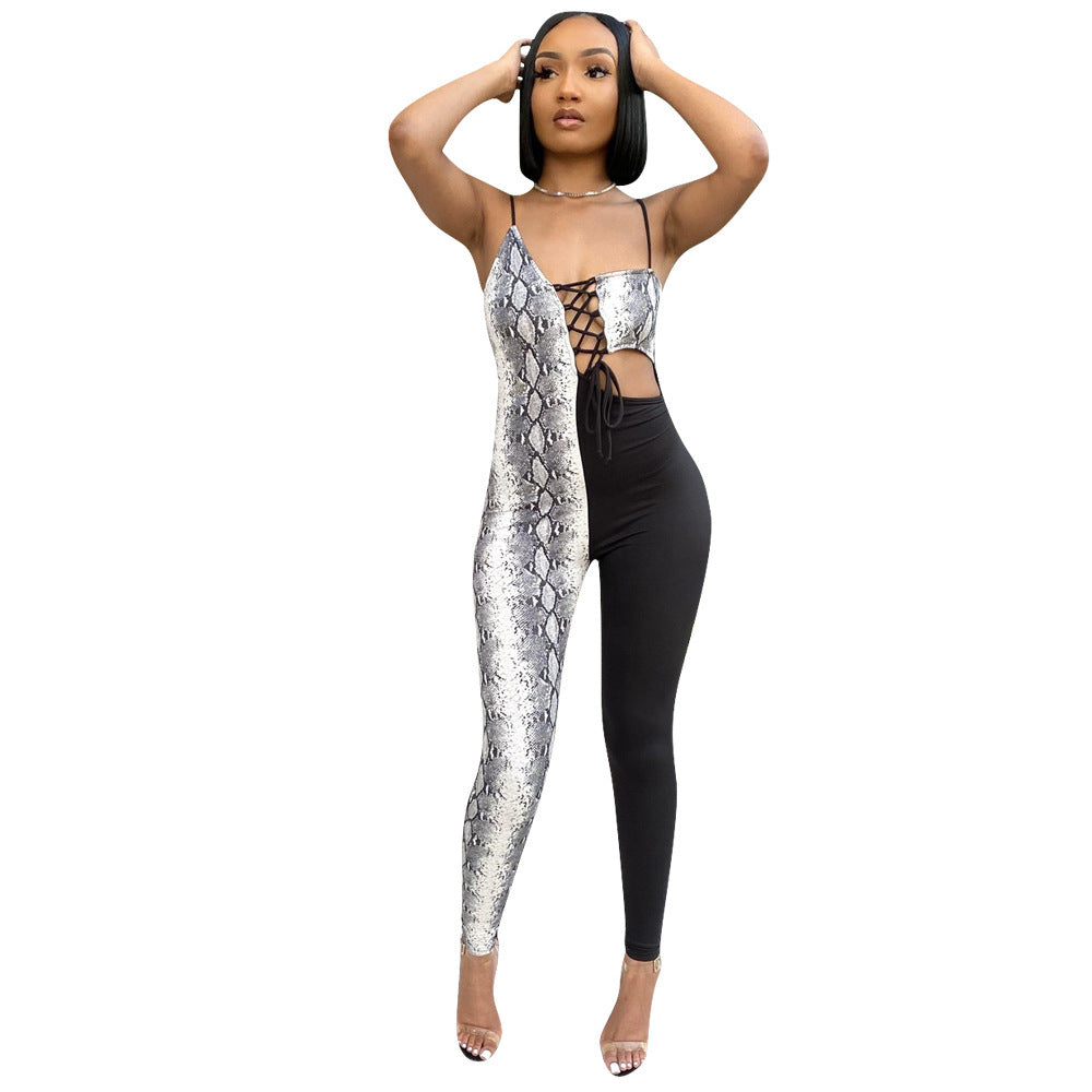 Snakeskin Colorblock Hollow-Out Patchwork Lace-Up Women's Sleeveless Jumpsuit