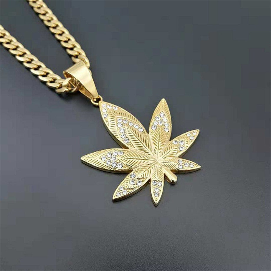 Diamond Ganga Hemp Leaf Pendant Hip-Hop Big Gold Chain Necklace