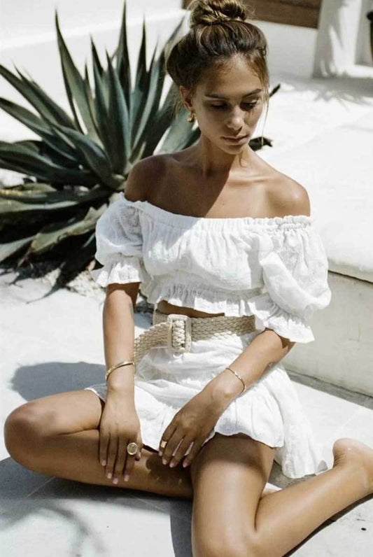 White Lace Ruffled Short Puff Sleeve Off-the-Shoulder Crop Top + Shorts Women's 2-Piece Set