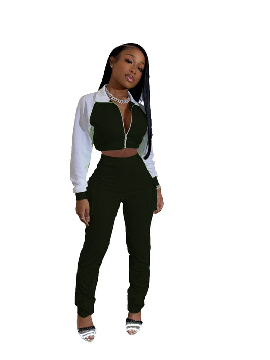 Colorblock Turn-Down Collar Cropped Sports Zipper Jacket + Cargo Pocketed Sweatpants Women's Tracksuit