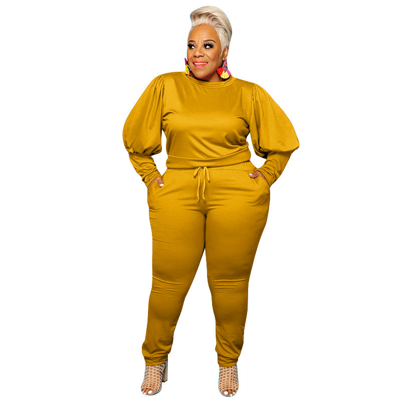 Puffed Batwing Sleeve O-Neck Solid Color Shirt + Sweatpants Two-Piece Women's Set to 5X Plus Size