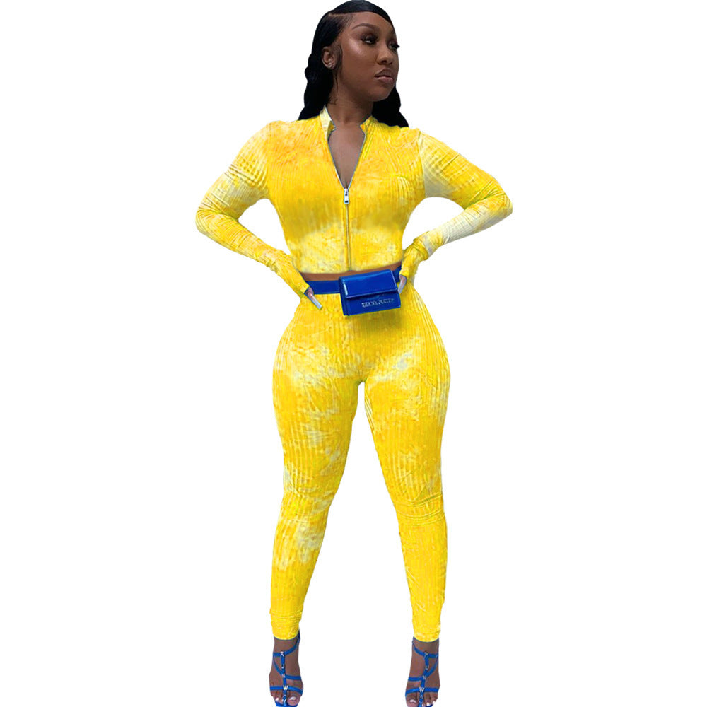 Tie-Dye Print Ribbed Long Sleeve Fitness Zipper Crop Jacket + Skinny Workout Gym Leggings Women's Tracksuit