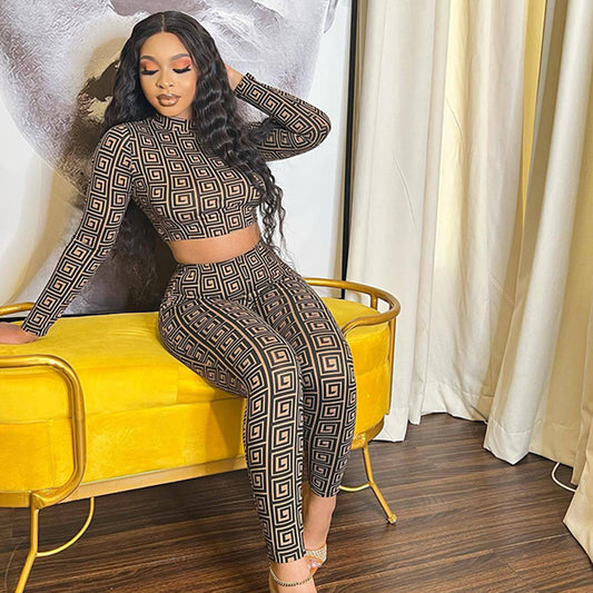 Geometric Print Women's Long Sleeve Crop Top + Skinny Leggings 2-Piece Set