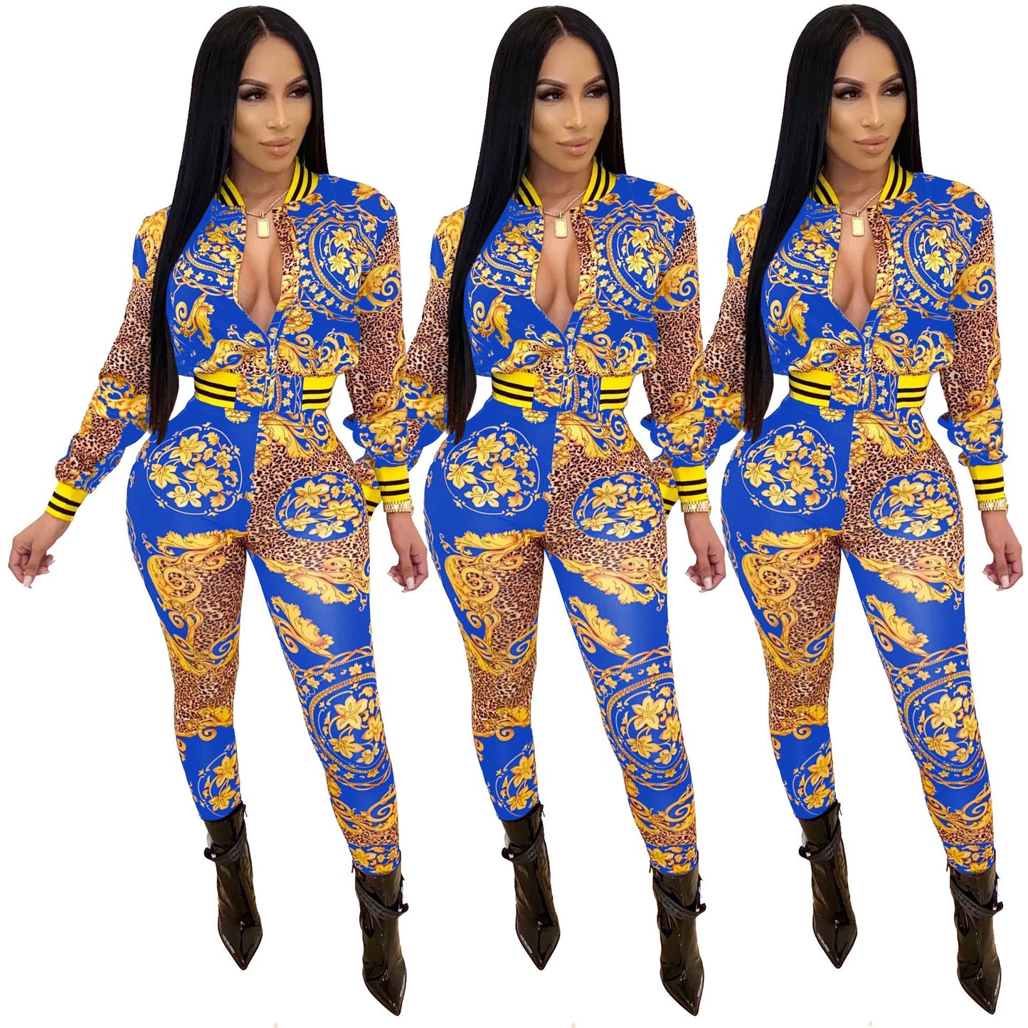 Floral Leopard Baroque Print Long Sleeve Zipper Bomber Jacket + Skin Tight Leggings Women's 2-Piece Set