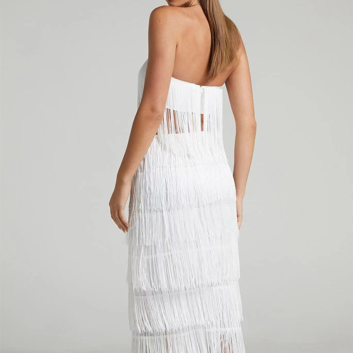 Hanging Tassel Fringe Sleeveless Tube Top + Maxi Skirt Women's 2-Piece Set