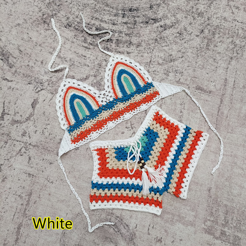Crochet Knitted Striped Colorblock Rainbow Multi-Colored Women's Drawstring 2-Piece Bikini Swimsuit