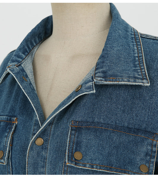 Denim Blue Double Pocket Design Turn-Down Collar Long Sleeve High Slit Maxi Jean Dress