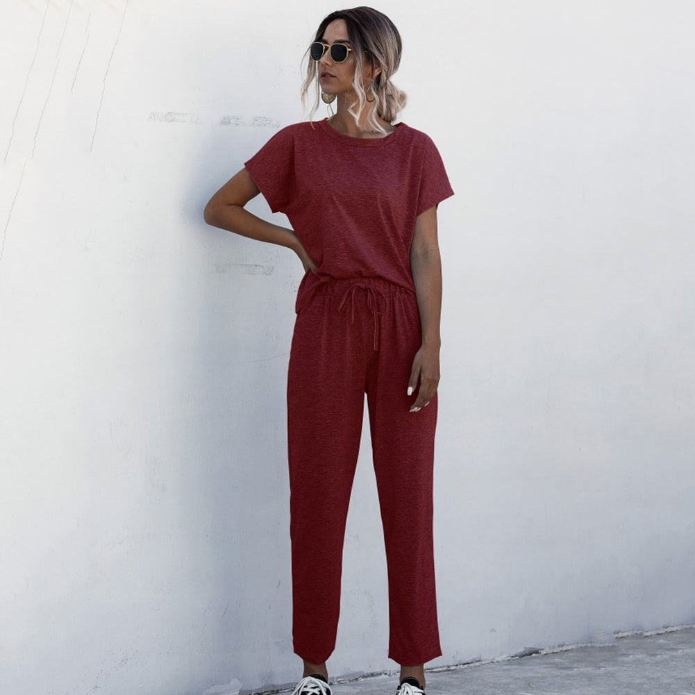 Round Neck Solid Color Short Sleeve Women's T-Shirt + Casual Pants 2-Piece Set to 3X Plus Size