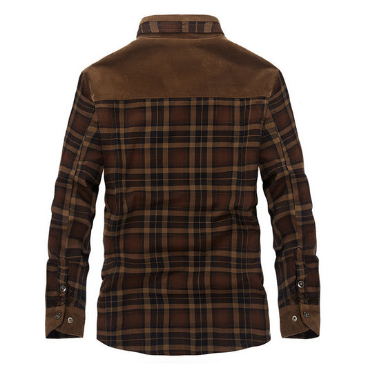Men's Plaid Colorblock Fleece Lined Pure Cotton Button-Up Jacket