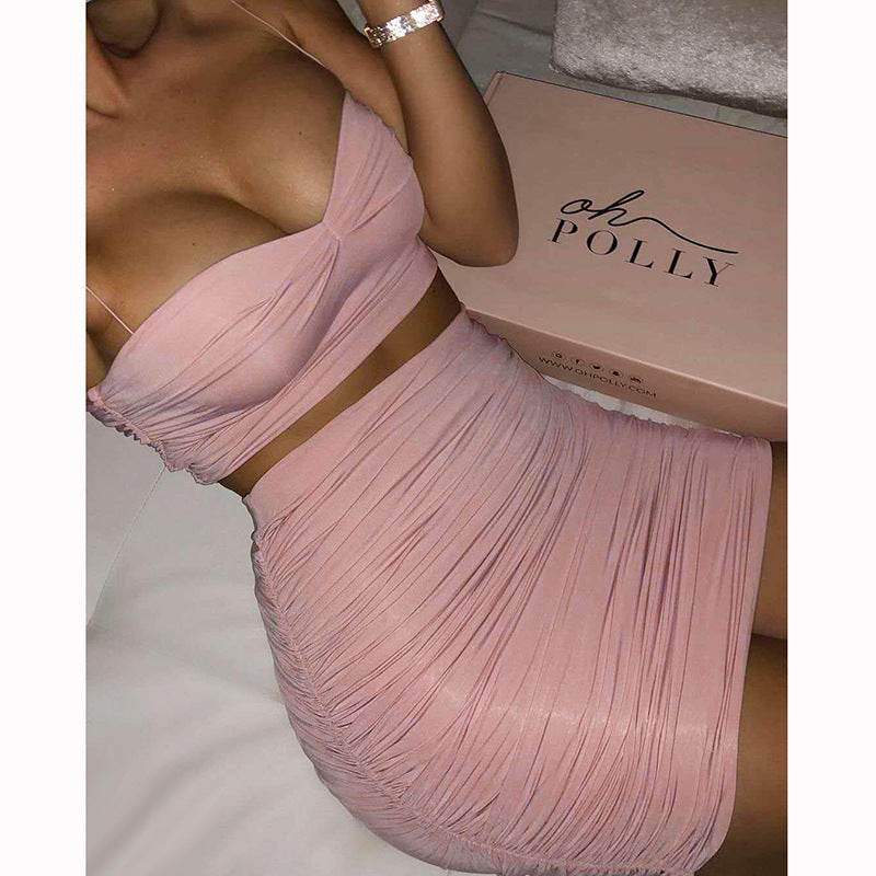 Ruched Pleated Women's Solid Color Crop Spaghetti Strap Crop Tank Top + Skinny Mini Skirt 2-Piece Set