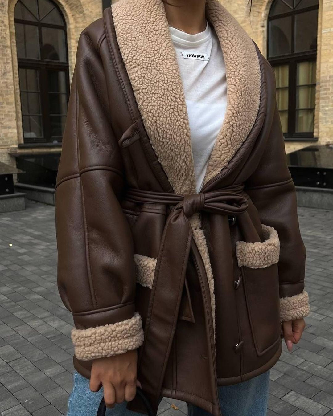 PU Leather Fleece Faux Fur Lined Sash Belted Women's Long Sleeve Spliced Coat