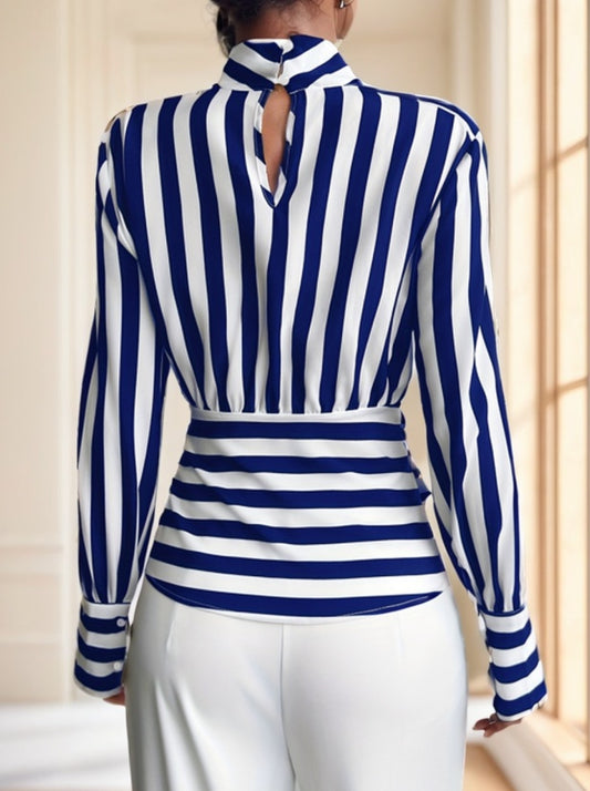 Striped Long Sleeve Tied Sash Women's Shirt