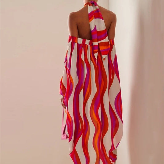 Open Shoulder Rainbow Striped Long Sleeve Loose Maxi Dress