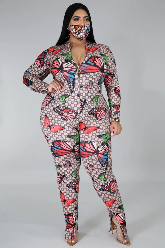 Butterfly Digital Print Long Sleeve Skin Tight Zipper Jumpsuit to 5X Plus Size