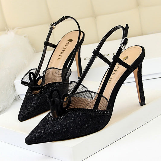 Lace Mesh Design Shallow Mouth Women's Pointed Toe Cut-Out Strap Mule Slingback Stiletto Heel Pumps
