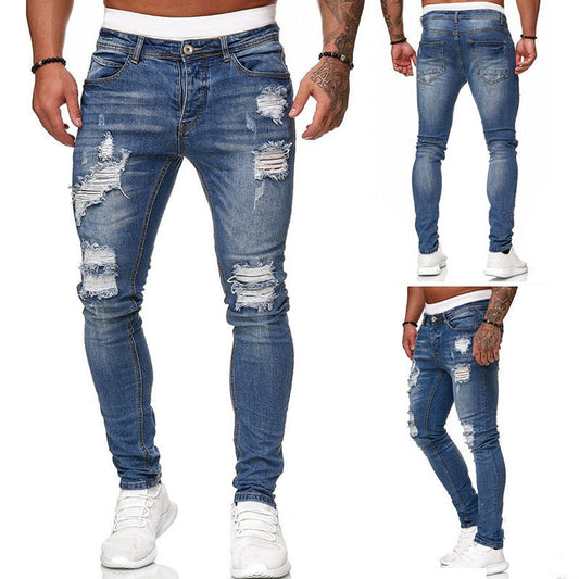 Men's Denim Streetwear Ripped Skinny Vintage Washed Solid Color Skinny Trouser Jeans