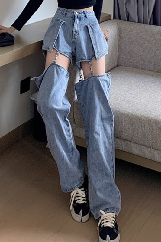 Denim Irregular Light Blue Faded Hollow-Out Detachable Shorts Design Women's Streetwear Jeans