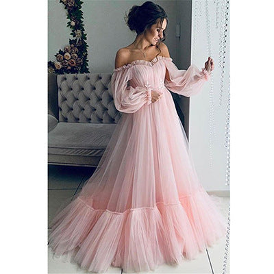 Victorian Oversized Off-the-Shoulder Mesh Sheer Solid Color Long Sleeve Maxi Formal Floor-Length Dress