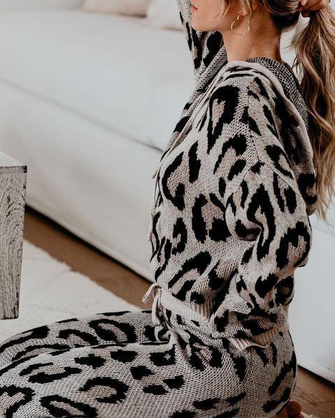 Knitted Leopard Print Drawstring Long Sleeve Hoodie Sweater + Matching Pants Women's 2-Piece Set