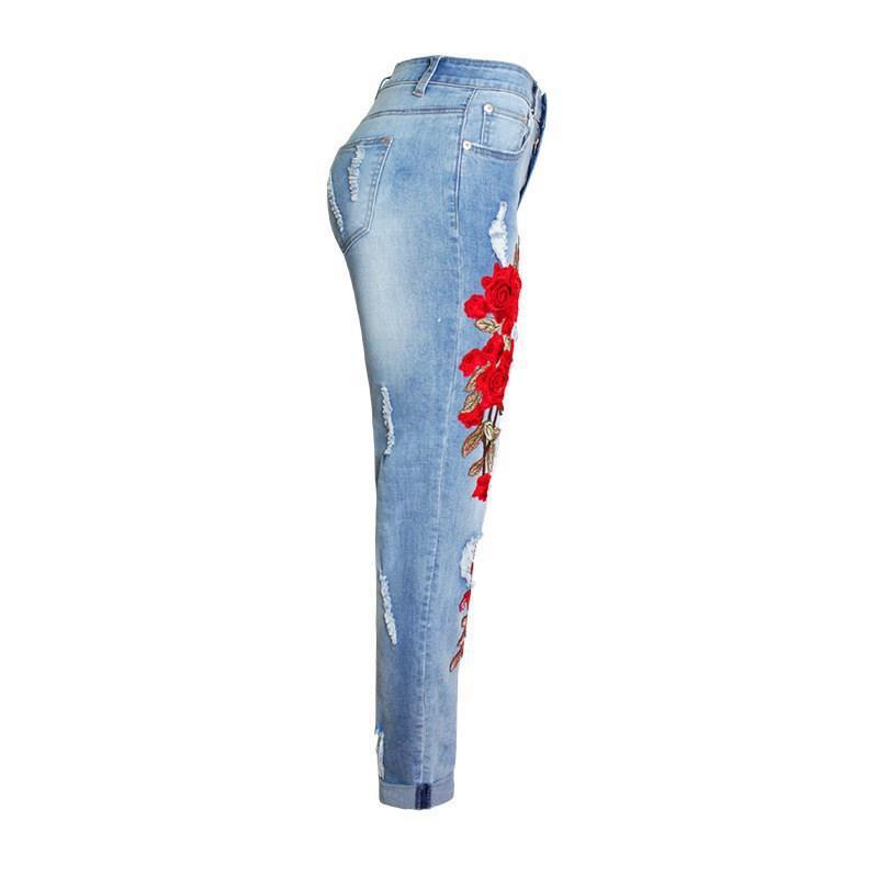 Red Rose Flower Print Women's Faded Blue Jeans to 3X Plus Size
