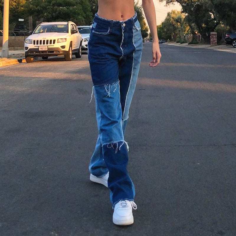 Blue Raw Edge Fringe Colorblock Women's Straight Leg Jeans