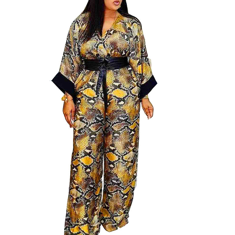 Black/Yellow Snakeskin Print O-Neck Sash Belted Women's Jumpsuit