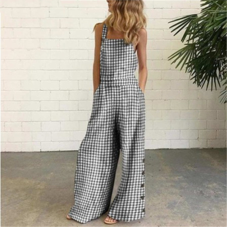 Checker Plaid Print Women's Sleeveless Pocketed Flared Wide Leg Overalls Pants Jumpsuit to 5X Plus Size