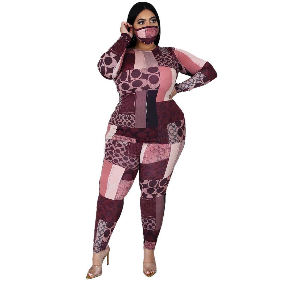 Colorblock Monogram Print Women's Long Sleeve Stretch Top + Skin Tight Leggings 2-Piece Set to 5X Plus Size