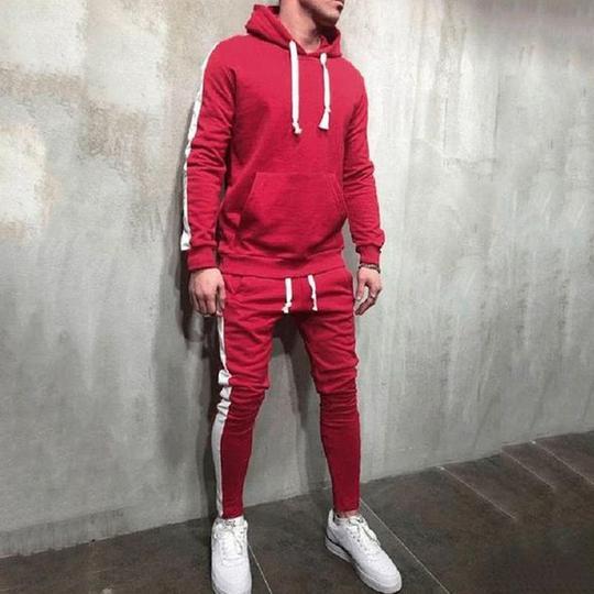 Men's Side Striped Drawingstring Hoodie Sweatshirt + Skinny Jogger Sweatpants Tracksuit
