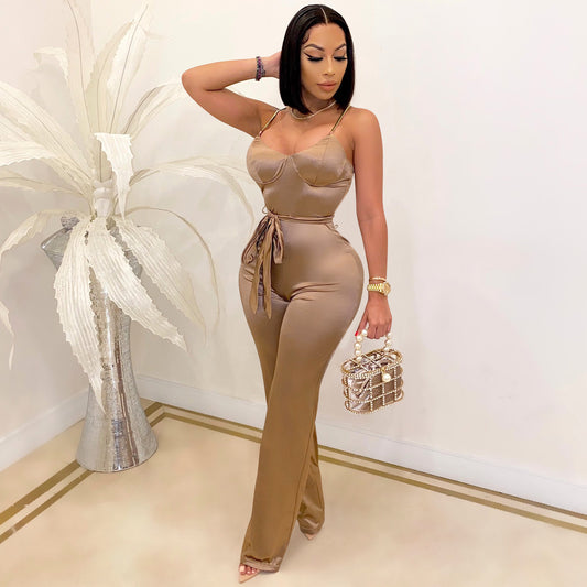 Satin Camisole Top Spaghetti Strap Women's V-Neck Sash Belted Jumpsuit