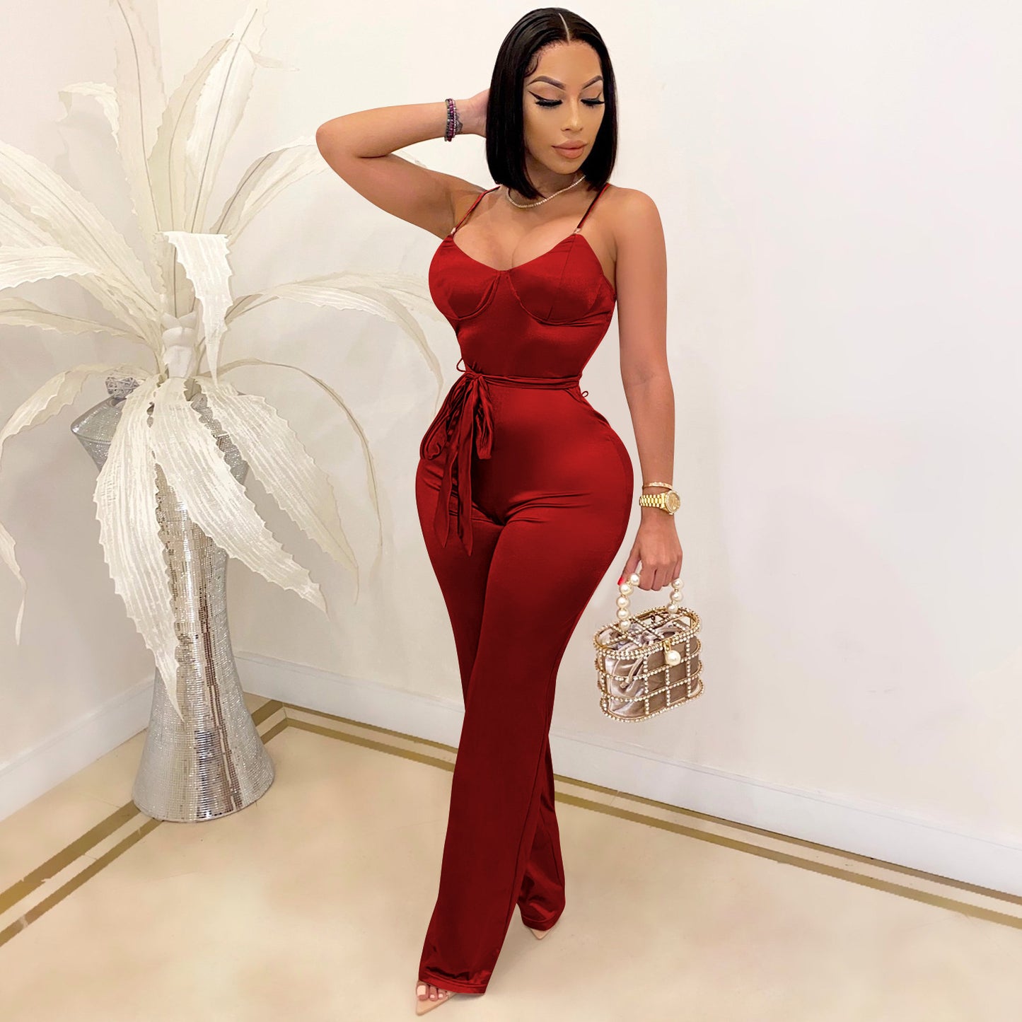 Satin Camisole Top Spaghetti Strap Women's V-Neck Sash Belted Jumpsuit
