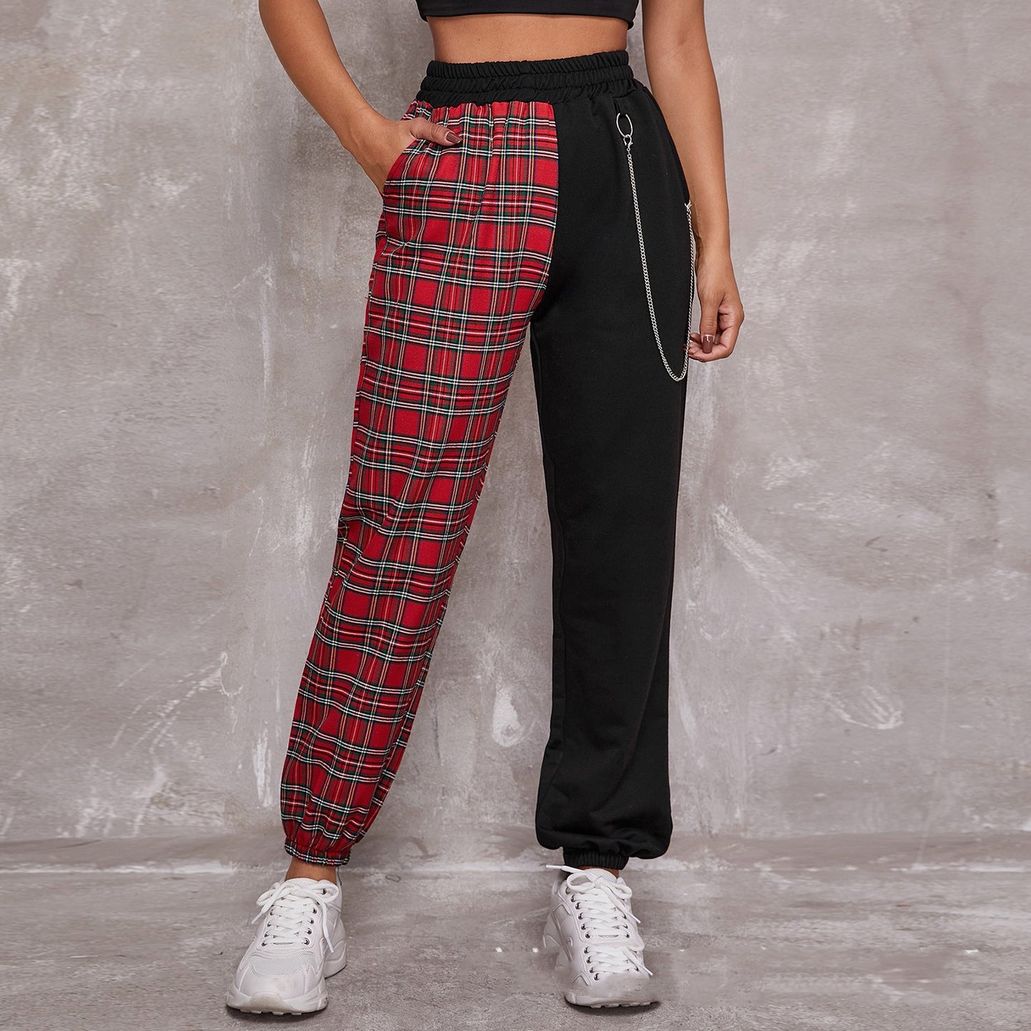 Two-Tone Plaid/Camoflauge Colorblock Stitched Chain Detail Women's Trouser Pants